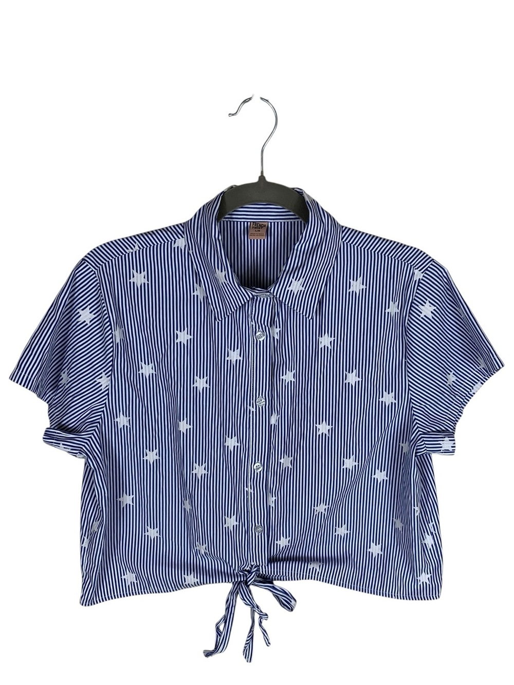 Women's French Twist Blue White Striped Star Cropped Tie Front Button Up Top L